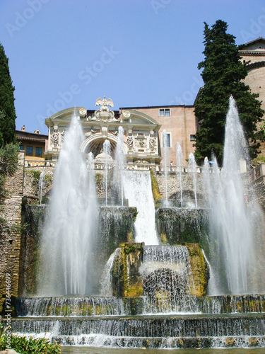 Beautiful view of the fountain at villa d'Este on the sunny day. Tivoli. Italy.