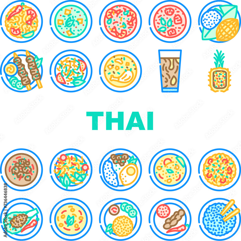 thai cuisine food asian dish icons set vector