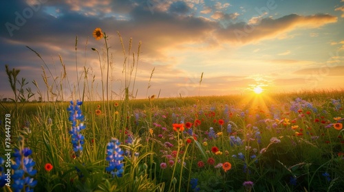 Beautiful sunset over wild flowers in a countryside © Khalif