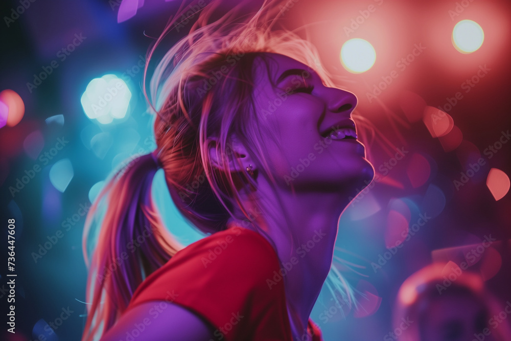 a girle with blonde hair in a ponytail joyfully dancing at a nightclub
