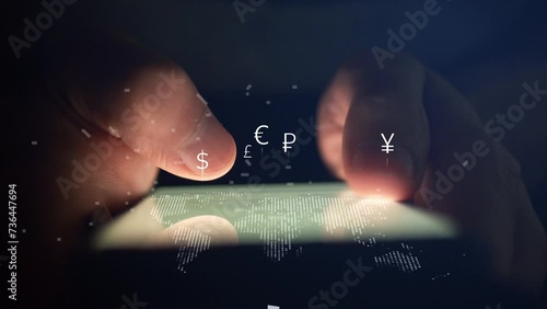 Cg footage digitalization of payment systems and fiat money. A person uses a smartphone and the symbols of world currencies grow out of it photo