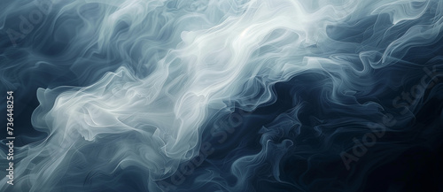 abstract painting showcases a dance of white smoke against a deep blue backdrop