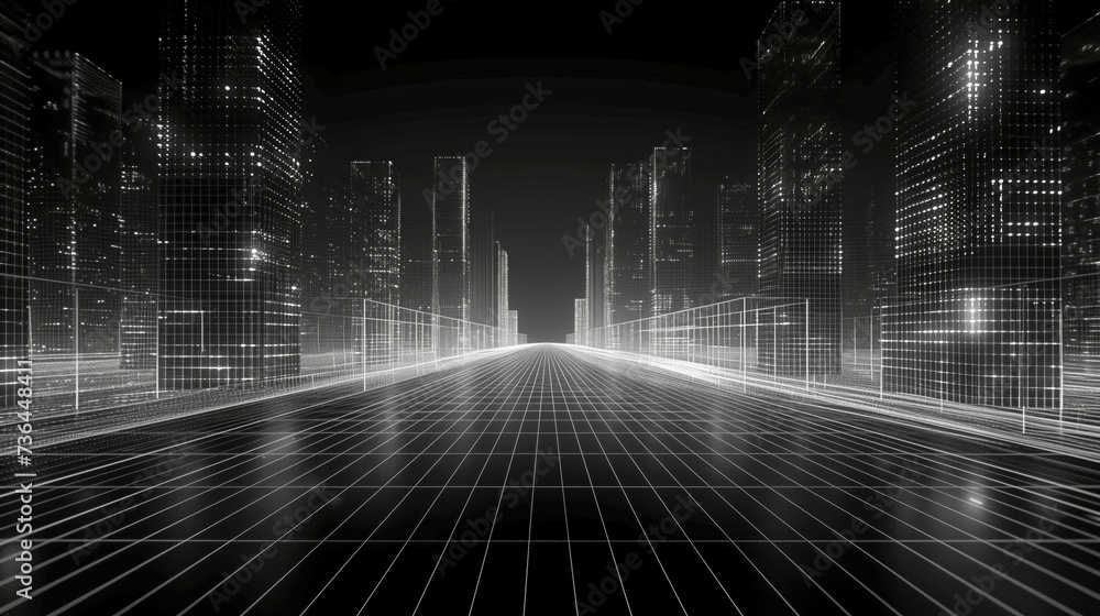 A digitally created virtual cityscape grid with wireframe mapping in dark background A digitally created virtual cityscape grid with wireframe mapping in dark background