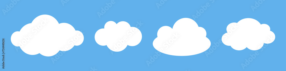 Vector set of childish white clouds on blue background. Baby kids cloud collection in flat design. Vector set of childish white clouds on blue background. Baby kids cloud collection in flat design.