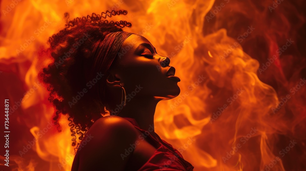 Fiery African Spirit in Red. Profile of African woman with fire-inspired background.