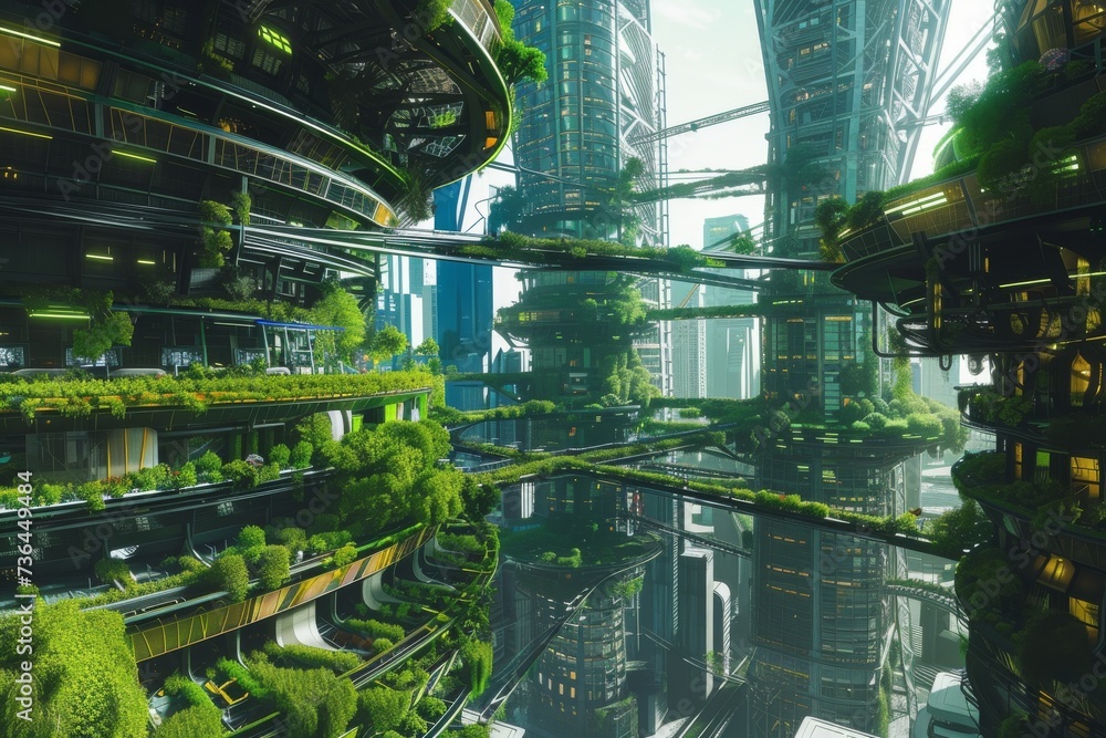 Create an artwork showcasing a massive vertical urban farm that dominates the skyline of a gritty cyberpunk city
