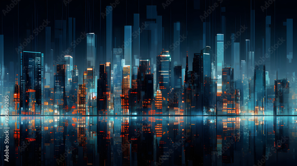 Futuristic cityscape buildings with neon lights 3D Rendering,,
a cityscape with skyscrapers and light