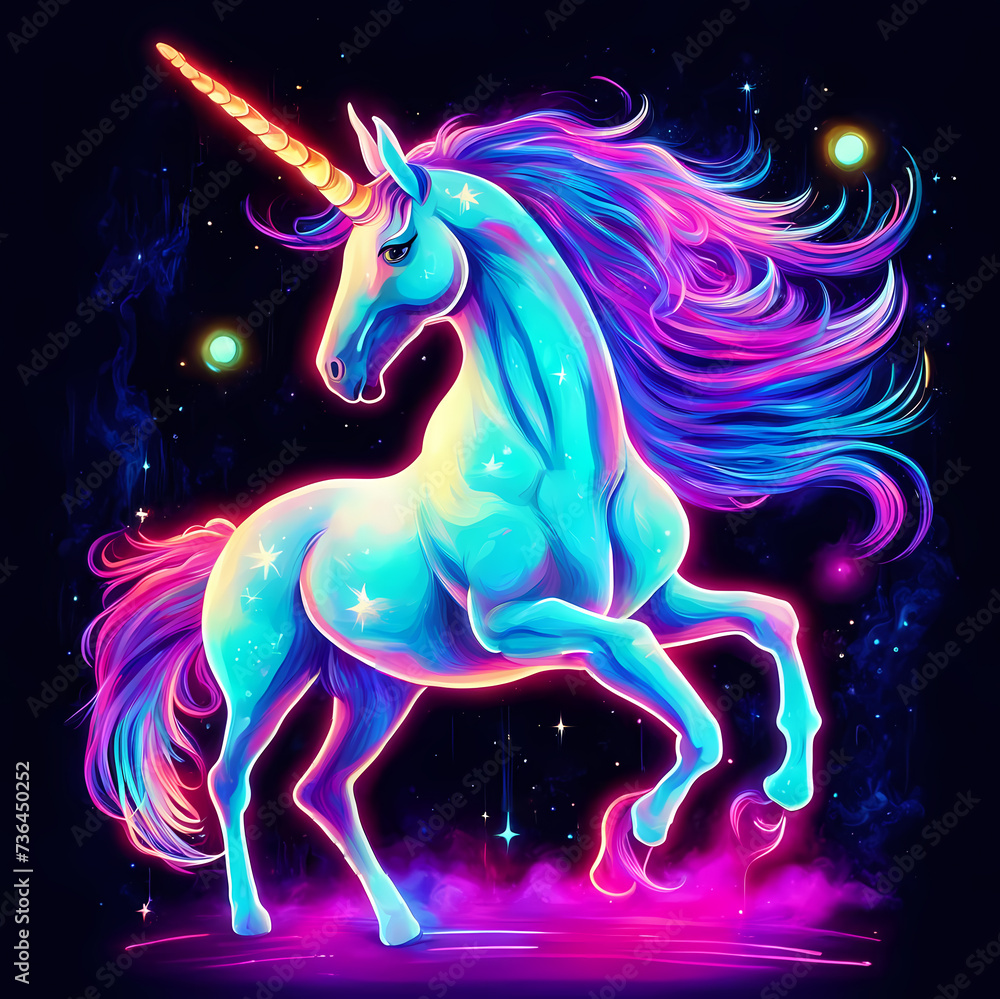 illustration with a fairytale magical unicorn on a dark background. Pattern in bright neon ideal for posters, cards, wallpapers, covers, prints on bags, mugs, pillows