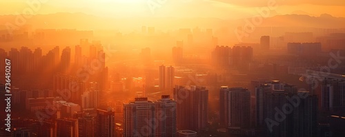 Dazzling cityscape at dusk bathed in golden sunlight Dalian China. Concept Gorgeous Sunset, City Lights, Golden Hour, Stunning Dalian, China