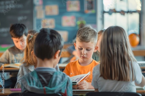 A diverse group of young students, dressed in their school uniforms, sit attentively in a state school classroom, their faces filled with curiosity and eagerness as they read and learn together