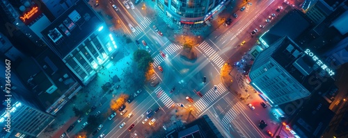 Captivating Nighttime Aerial View of a Dynamic Urban Intersection with Congested Traffic Flow. Concept Vibrant Street Art, Serene Nature landscapes, Candid Street Photography