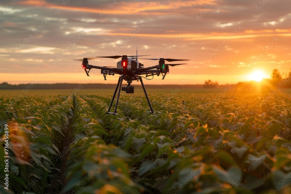 Capturing the majestic beauty of a crop field, a drone soars through the vibrant sky, capturing the sun's warm embrace on the lush grass below