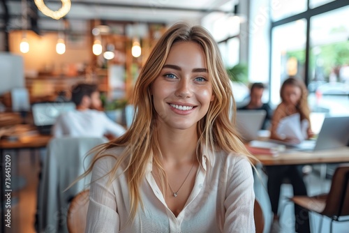 A radiant woman grins at the camera, showcasing her vibrant personality and stylish attire as she sits comfortably in a cozy restaurant booth surrounded by chic decor