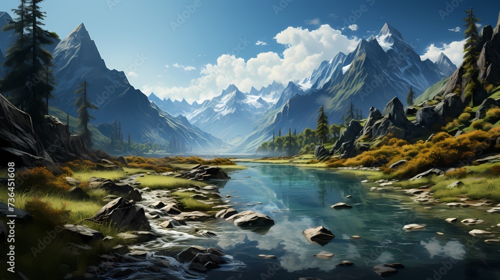 A tranquil turquoise blue lake nestled at the foot of a mountain range, with peaks disappearing into the clouds. The scene conveys a sense of vastness and grandeur