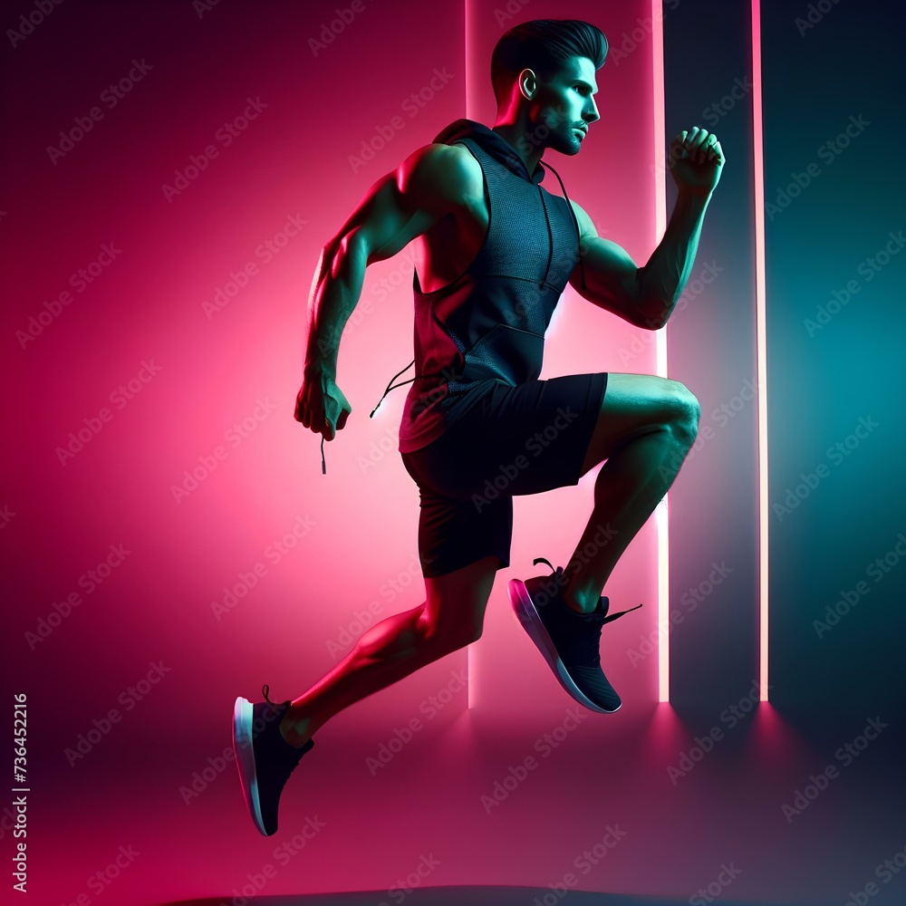 Athletic man in sportswear training, jumping against gradient pink background in neon light Athletic man in sportswear training, jumping against gradient pink background in neon light