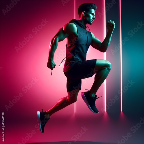  Athletic man in sportswear training, jumping against gradient pink background in neon light