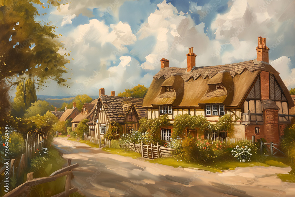 Oil painting of an old fashioned quintessential English country village ...