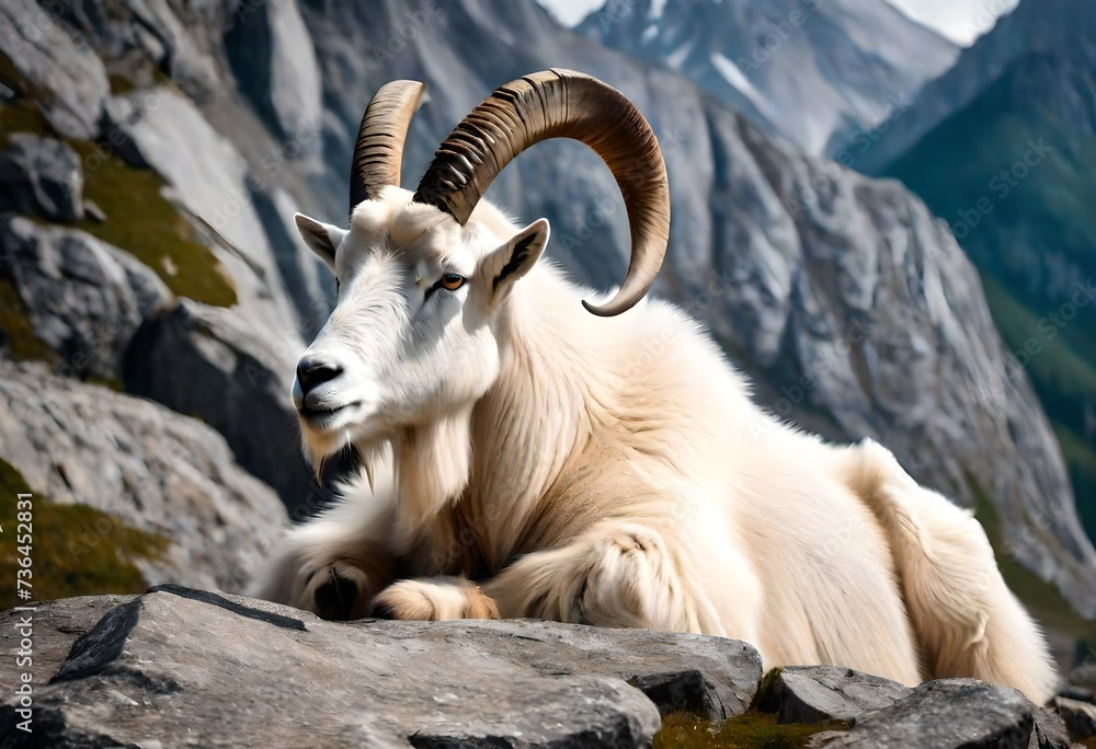 A majestic mountain goat with twisted large horns is resting on a rock.