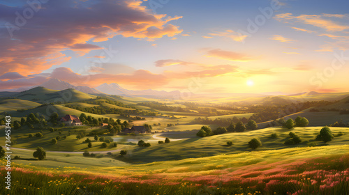 landscape with mountains and sky,, Beautiful sunrise summer field view with flowers river green hills and blue sky  © Imran