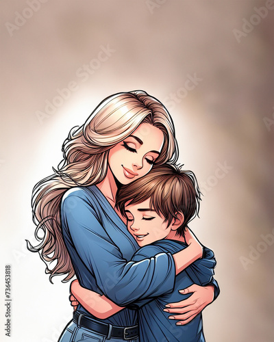 A tender moment between a mother and her son. The mother is embracing her young son in a warm hug. She has long, wavy blonde hair and is wearing a blue shirt. 