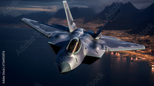 Close-up F-22 Raptor military combat aircraft jet flying over a city at night