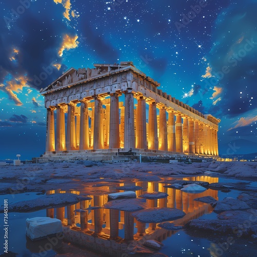 Majestic Twilight at the Parthenon with Starry Sky Reflection