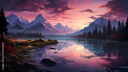 A tranquil turquoise blue lake reflecting the first light of dawn, with the mountains painted in shades of pink and purple. The scene is a symphony of colors and calmness