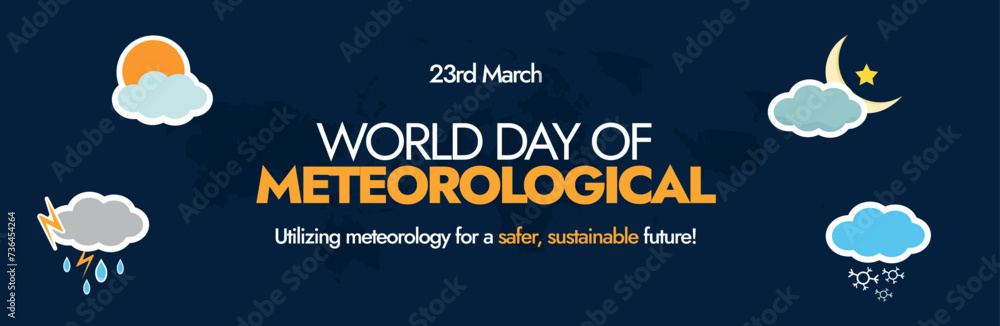 World Meteorological Day. 23 March World Meteorological day cover banner with silhouette world map and colourful weather forecast icons. Icons of rain, cloudy, sunny, snowy and night. Climate Action.