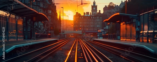 Sunset illuminates Edinburghs old town skyline as viewed from Waverley station. Concept Edinburgh Skyline, Sunset at Waverley Station, Old Town Glow, Cityscape Photography