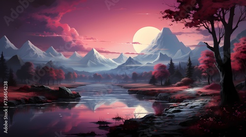 A tranquil turquoise blue lake reflecting the first light of dawn, with the mountains painted in shades of pink and purple. The scene is a symphony of colors and calmness
