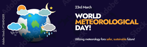 World meteorological Day. 23 March, World meteorological day celebration cover banner in dark colour with earth globe and different weather forecast icons around it. Icons of sunny, cloudy, rainy. 