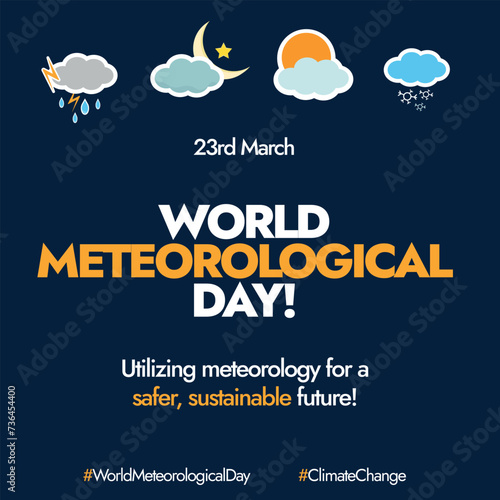World meteorological Day. 23rd March, World meteorological day celebration banner in dark colour with different weather forecast icons around it. Icons of sunny, cloudy, rainy, thunder, snow, night.