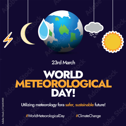 World Meteorological Day. 23 March World Meteorological day celebration banner with hanging weather icons, elements, stamps. Sun, rain, snow, lighting, moon hanging icons. 