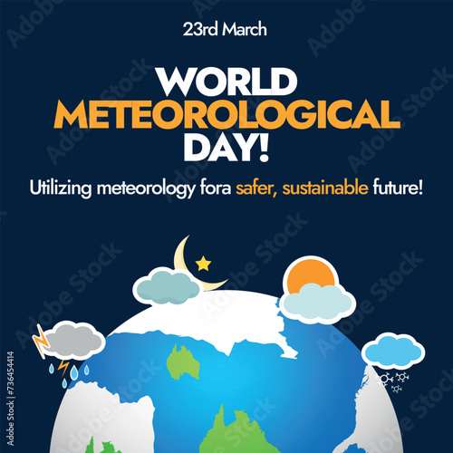 World meteorological Day. 23rd March, World meteorological day celebration banner in dark colour with earth globe and different weather forecast icons around it. Icons of sunny, cloudy, rainy, thunder