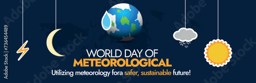 World Meteorological Day. 23 March World Meteorological day celebration cover banner with hanging weather icons, elements, stamps. Sun, rain, snow, lighting, moon hanging icons. Climate action