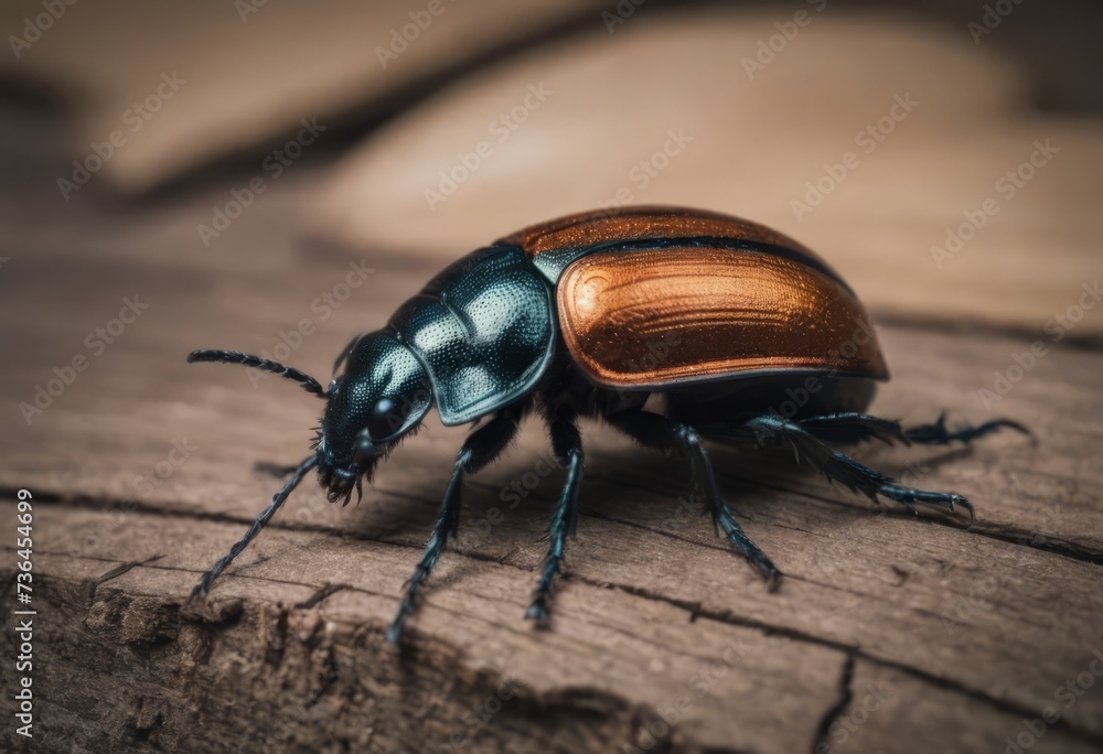 Close-up of a shiny blue beetle on a wooden surface in a forest with a blurred background Close-up of a shiny blue beetle on a wooden surface in a forest with a blurred background