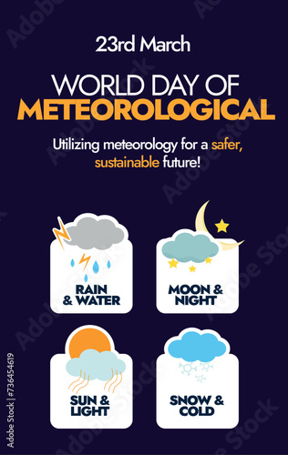 World Meteorological Day. 23 March World Meteorological day celebration story post, vertical banner with weather forecast icons. Icons of rain and water, moon and night, sun and light, snow and cold.