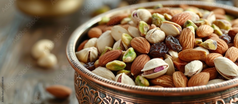 Naklejka premium Dried fruits and nuts in a copper bowl - Mixed peanuts, pistachios, almonds, hazelnuts, and cashews.