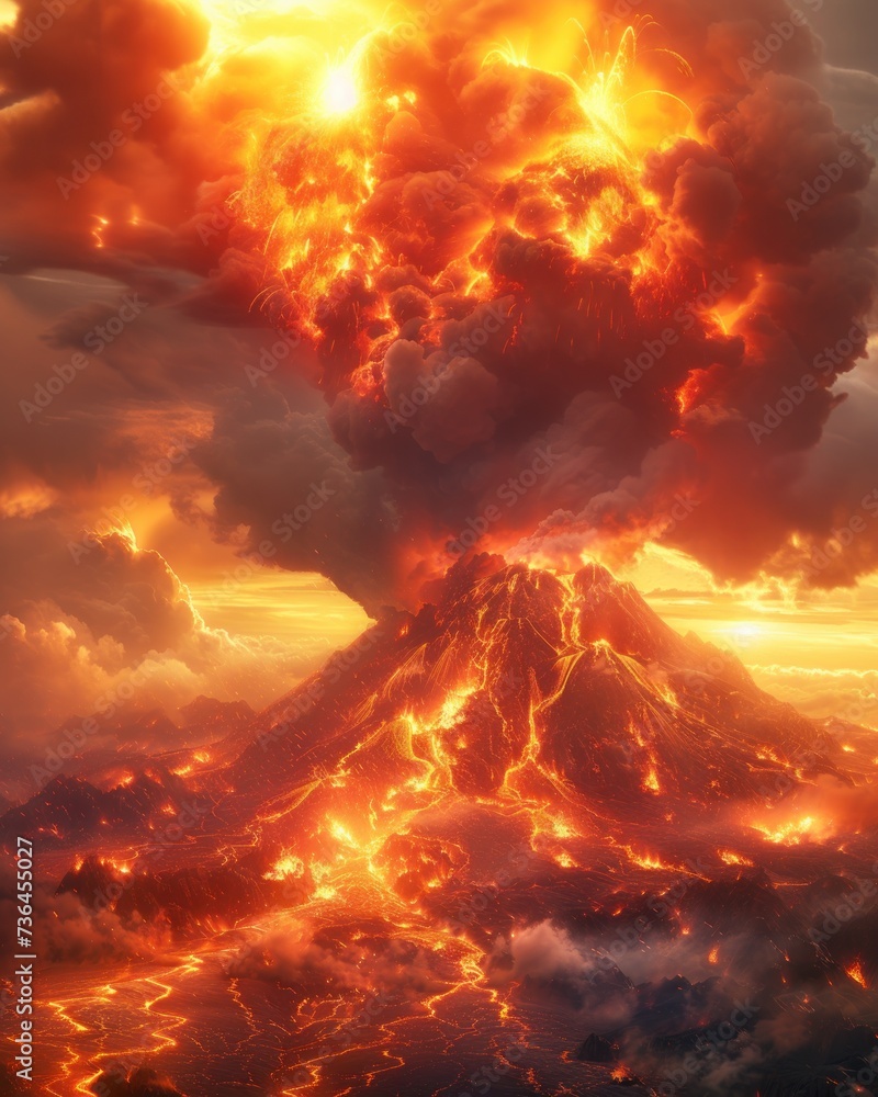 Amazing volcanic eruption, illustration of natural disaster erupting volcano