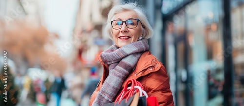 Senior woman with shopping bags walking in street city. AI generated image