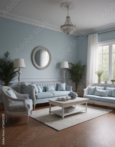 Modern interior with sofa, furniture, wooden coffee tables, tropical plants and elegant personal accessories in a stylish home decor. A bright living room.