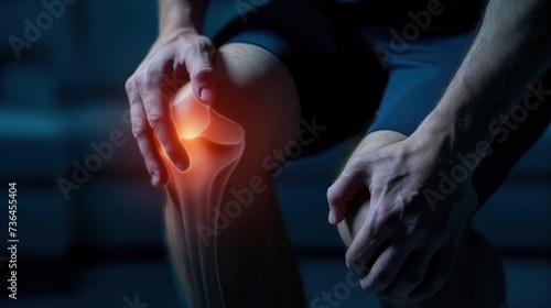  Digitally generated image of man suffering with knee inflammation. Sharp pain in the knee makes walking difficult.