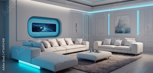The interior of a bright room, light furniture with neon inserts, the concept of the future. © Алексей Ковалев