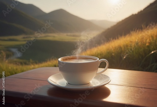 A table with a coffee mug. Sunlight. Beautiful view of the mountains on a sunny day through the window in a private house.