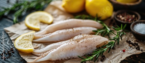 Raw squid with lemon and rosemary on a wooden table.