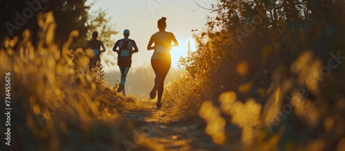 Group of athlete running cross country in nature tracking. AI generated image