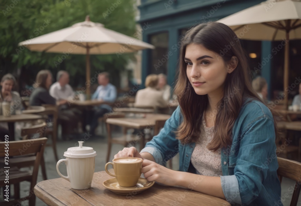 beautiful young woman sitting in an outdoor cafe drinking espresso coffee