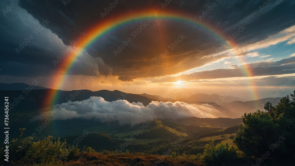 Panorama of a big summer field shined with the sun, with clouds and rainbow in the sky on background Panorama of a big summer field shined with the sun, with clouds and rainbow in the sky on background