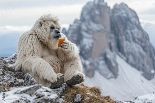 Bigfoot Yeti drinking a grog in top of dolomites mountains