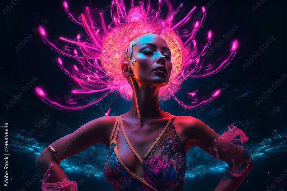 Scorpio zodiac sign. Stylized scorpion woman with neon effect. Scorpio zodiac sign. Stylized scorpion woman with neon effect.